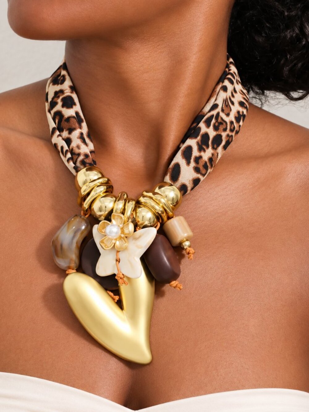 Gold Heart Pendant Charm Necklace Leopard Print Scarf Boho Jewelry for Women